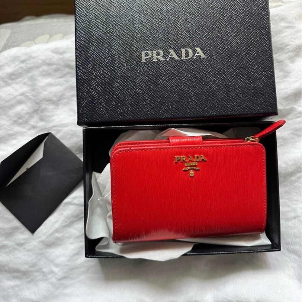 Prada Red Saffiano Zip Wallet with Gold Logo